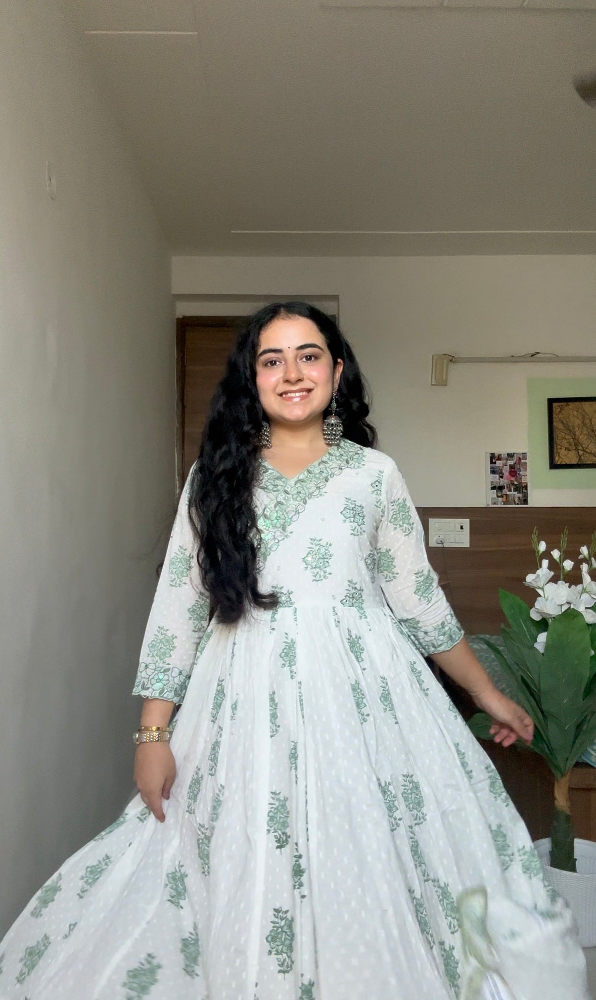 White & Sage Green Floral Anarkali Suit Set