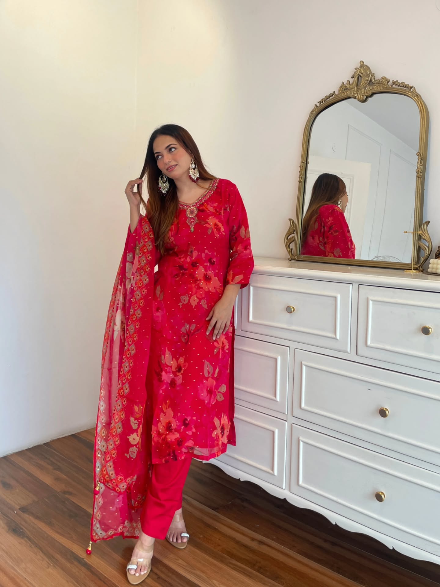 Hot Pink Floral Embroidered Suit Set with Printed Dupatta