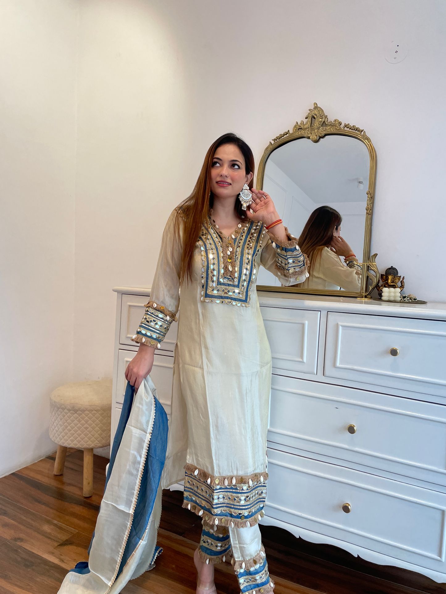 Ivory Embroidered Mirror Work Suit Set