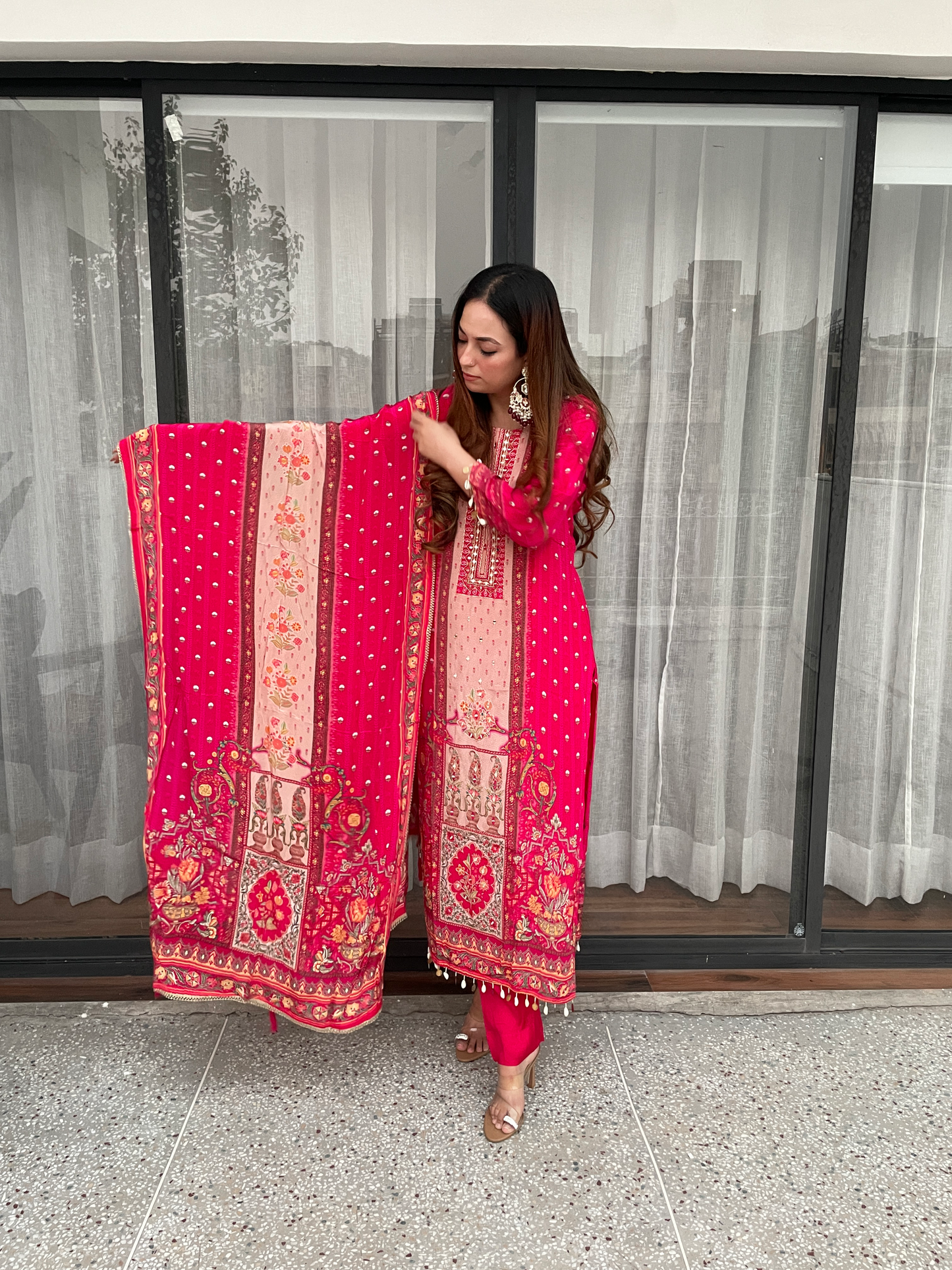Hot Pink Embroidered Suit Set with Printed Dupatta