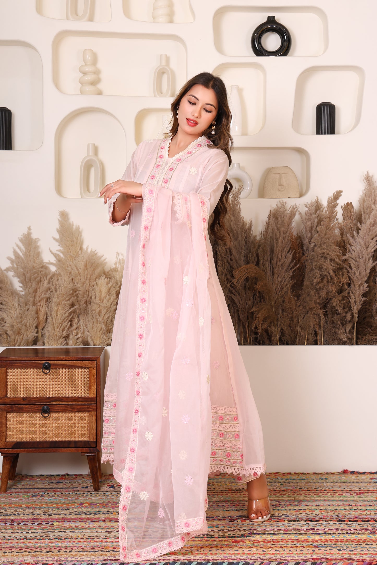 Ivory pink embroidered anarkali suit set with dupatta
