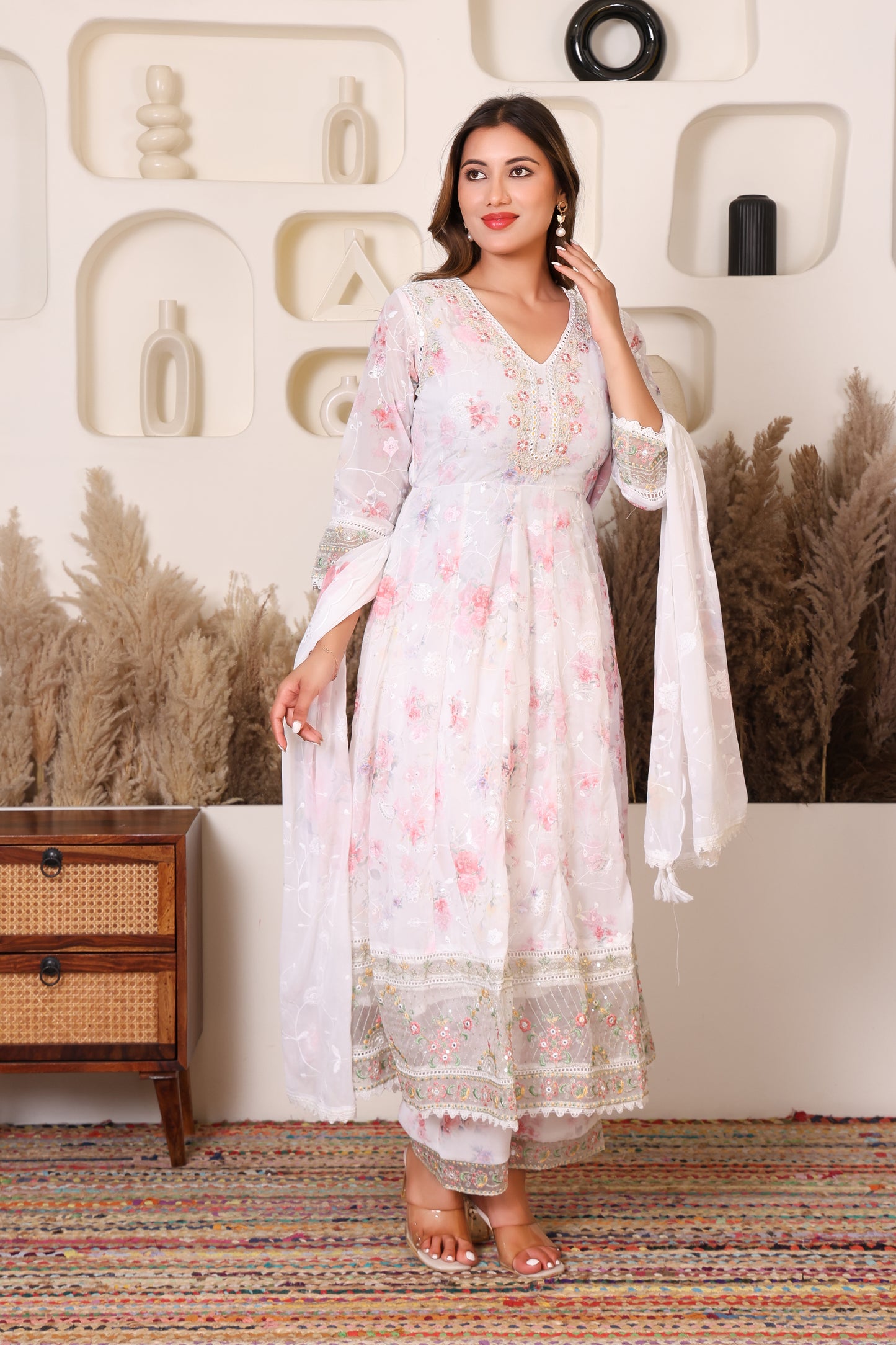 White Floral Embroidered Net Anarkali Suit with Dupatta