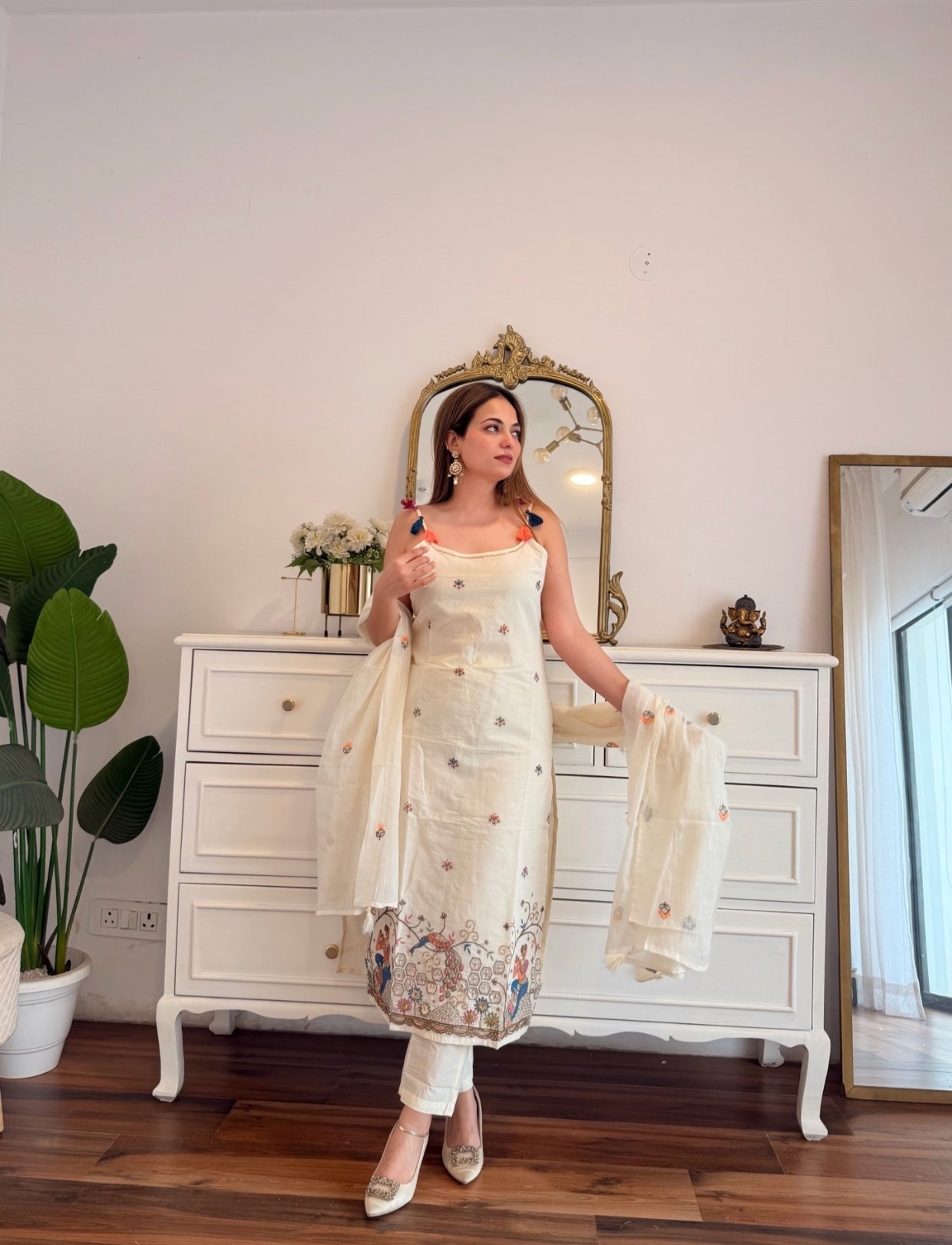 Ivory Multicolour Embroidered Suit Set with Lightweight Dupatta