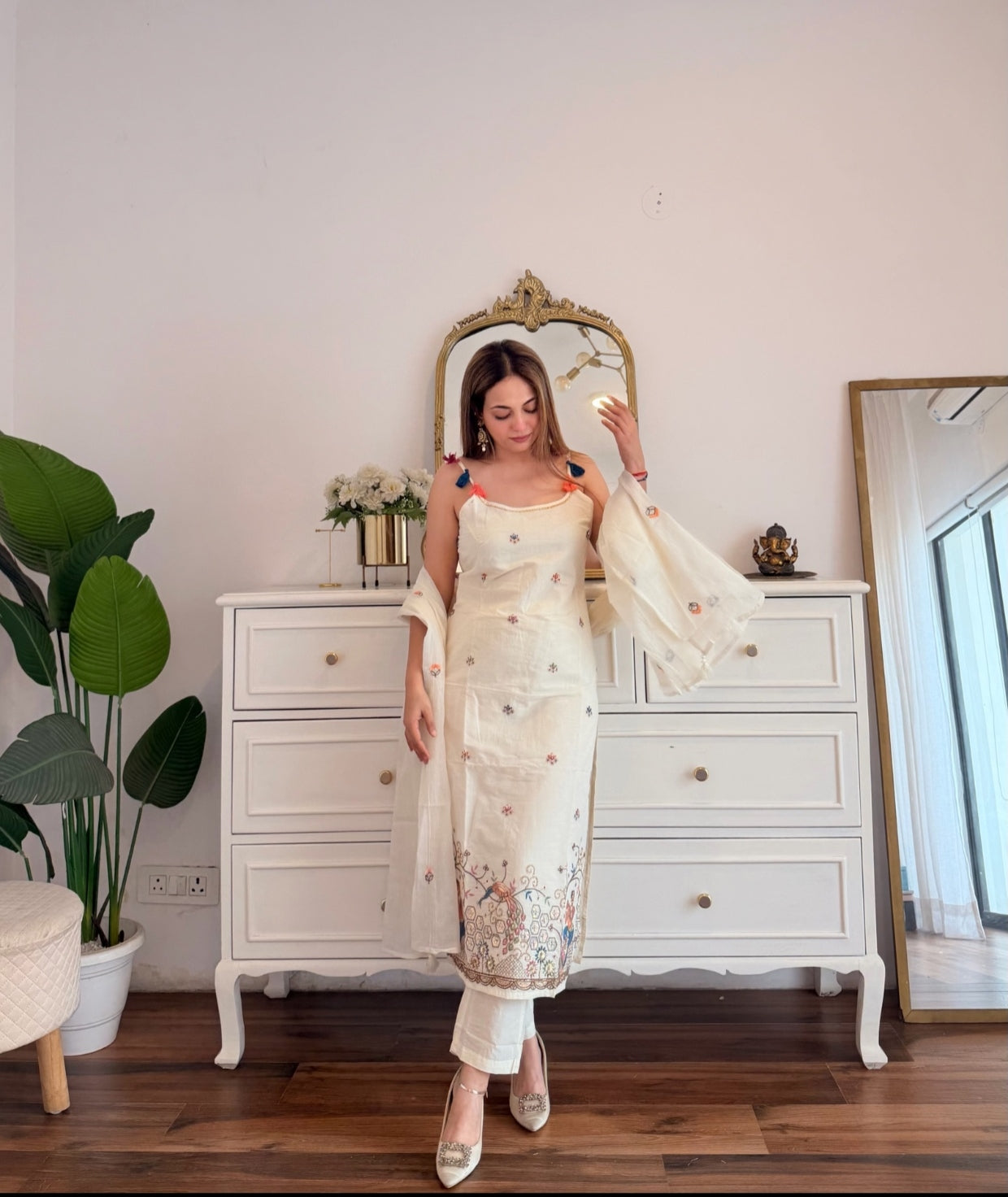 Ivory Multicolour Embroidered Suit Set with Lightweight Dupatta