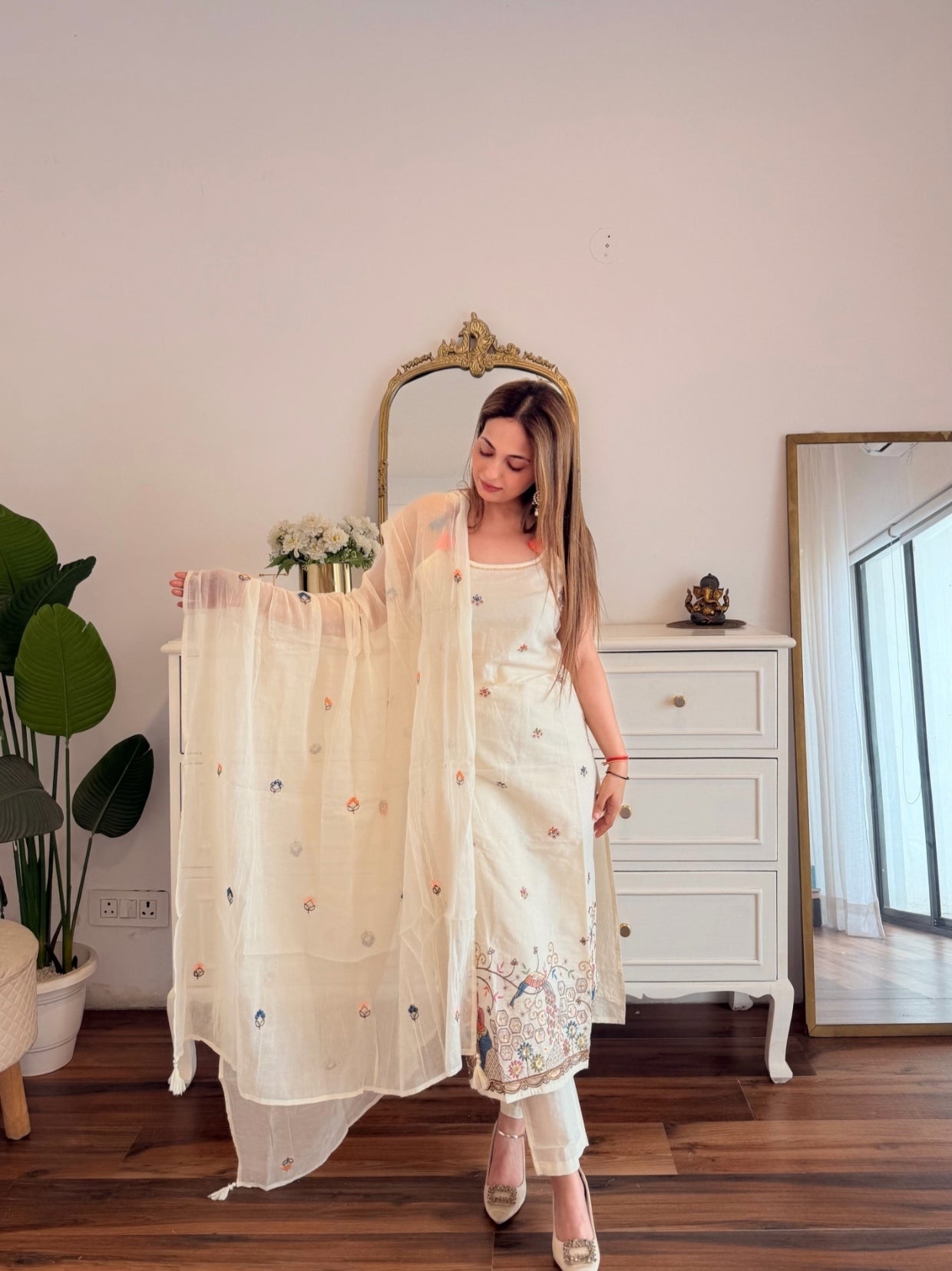 Ivory Multicolour Embroidered Suit Set with Lightweight Dupatta
