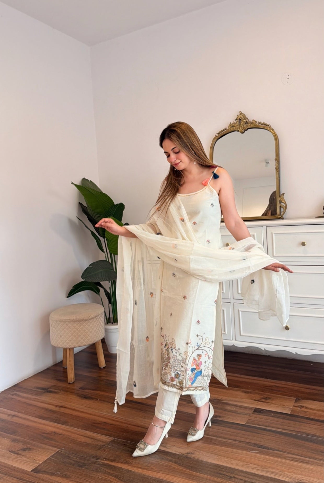 Ivory Multicolour Embroidered Suit Set with Lightweight Dupatta