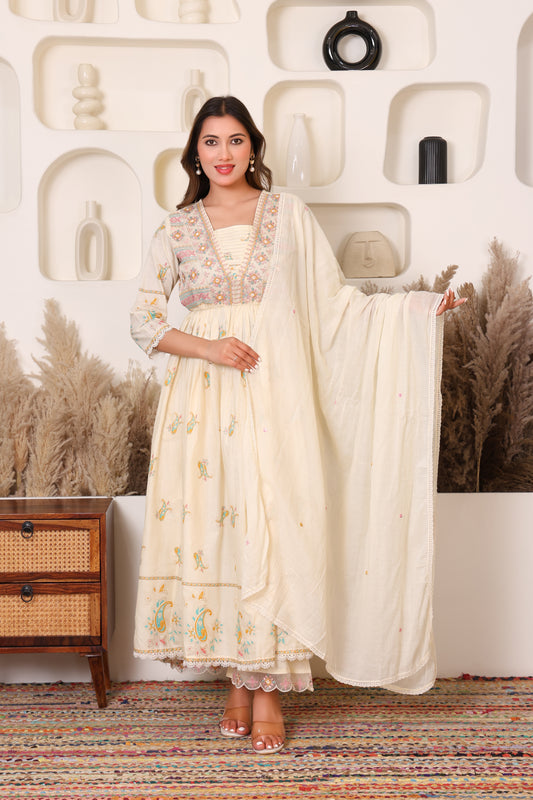 Ivory Elegance Floral Cotton Anarkali