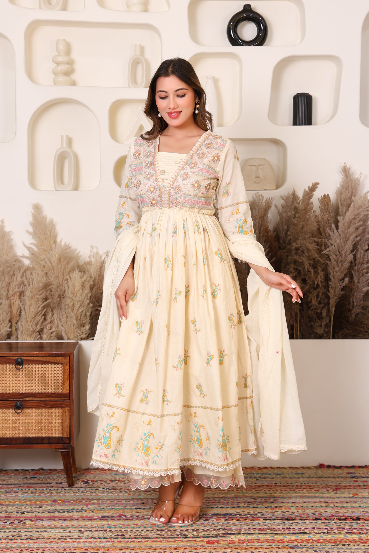 Ivory Elegance Floral Cotton Anarkali