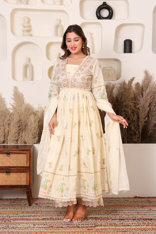 Ivory Elegance Floral Cotton Anarkali