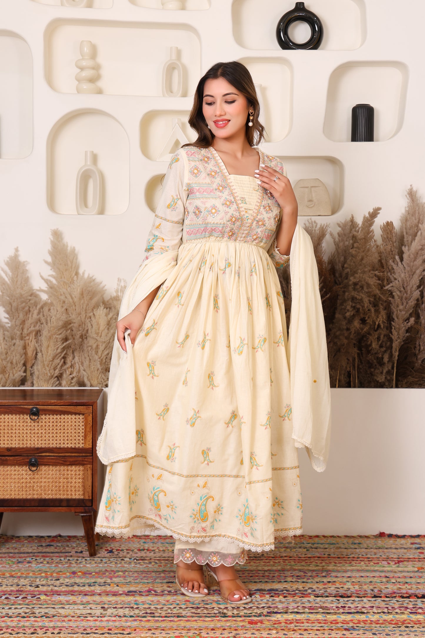 Ivory Elegance Floral Cotton Anarkali