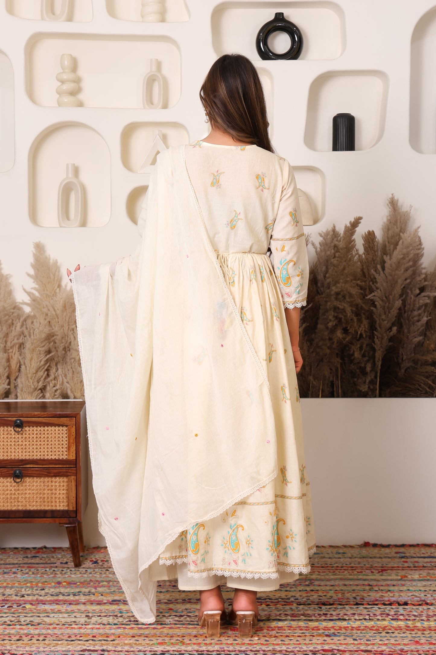 Ivory Elegance Floral Cotton Anarkali