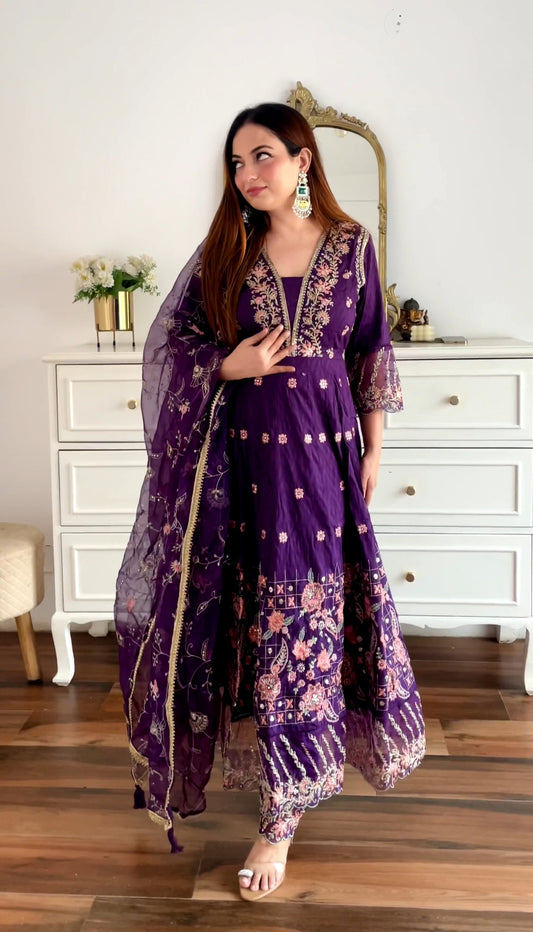Purple Blossom Embroidered Anarkali Suit Set
