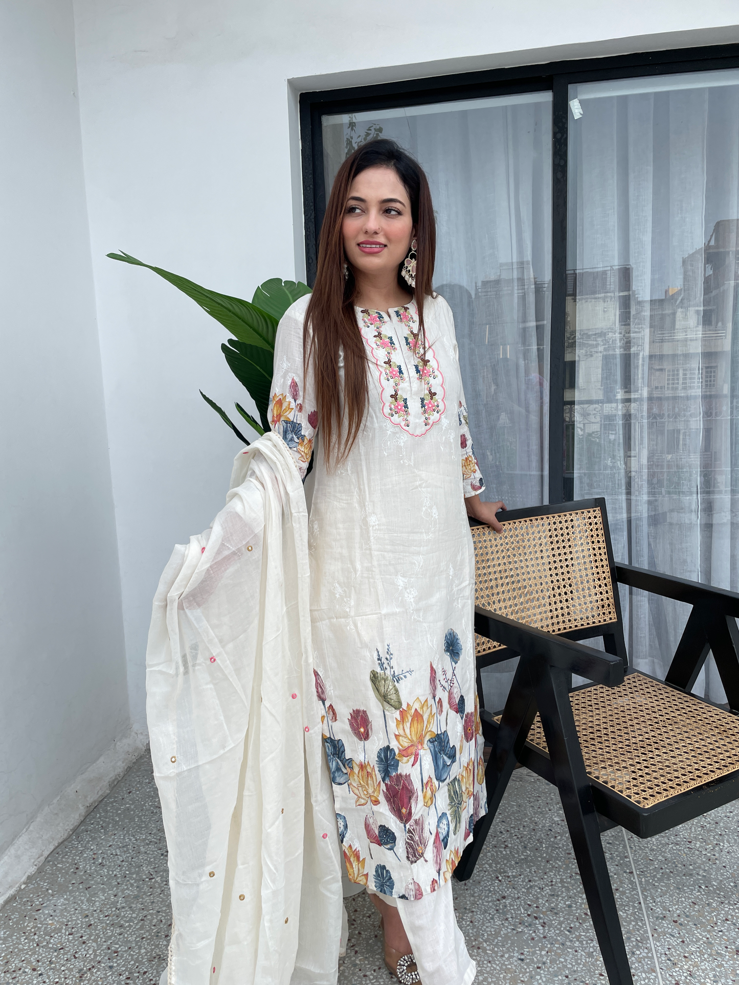 Elegant Off-White Floral Embroidered Suit Set