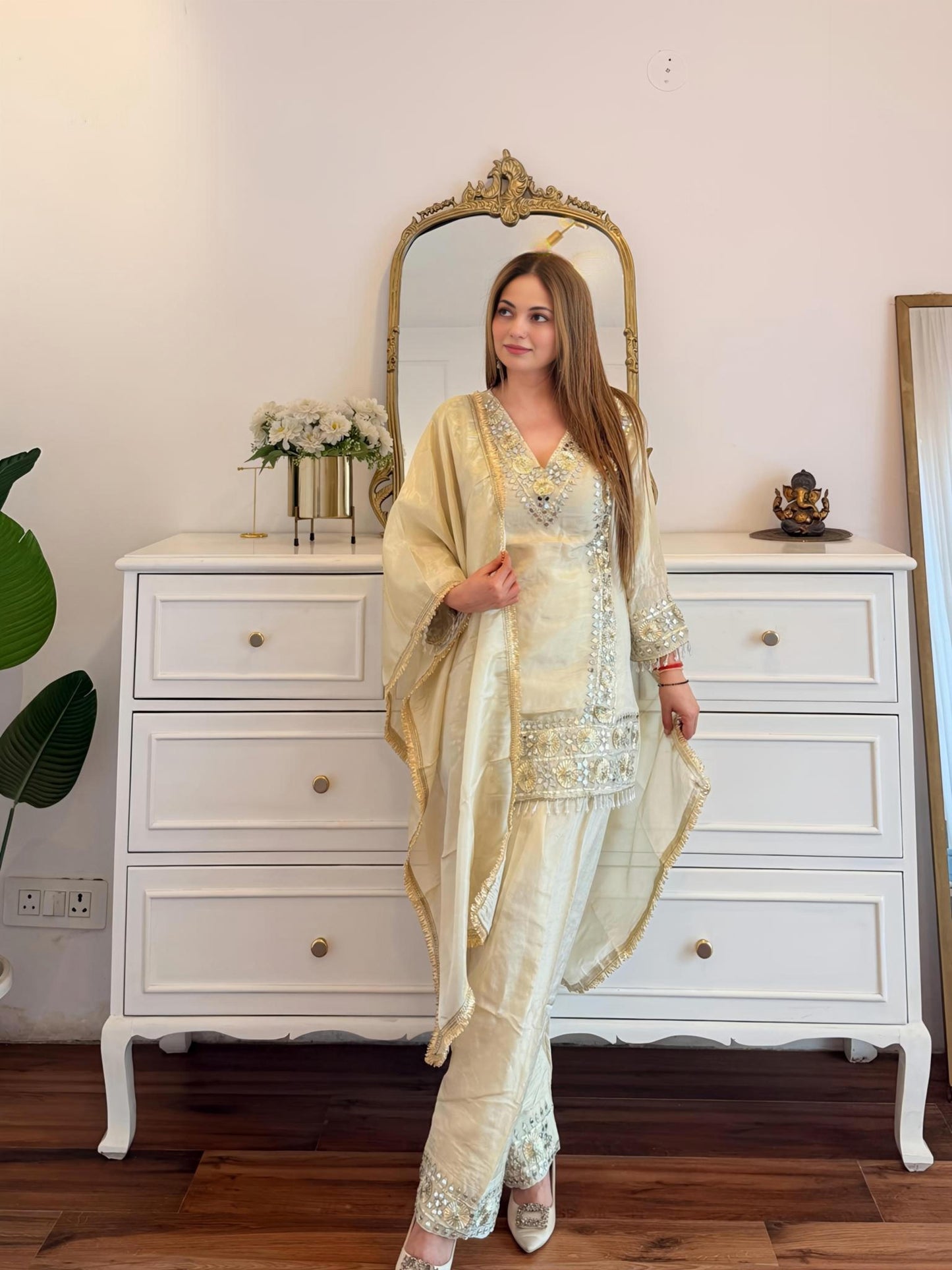 Ivory Mirror & Sequin Embellished Suit Set with Dupatta ✨