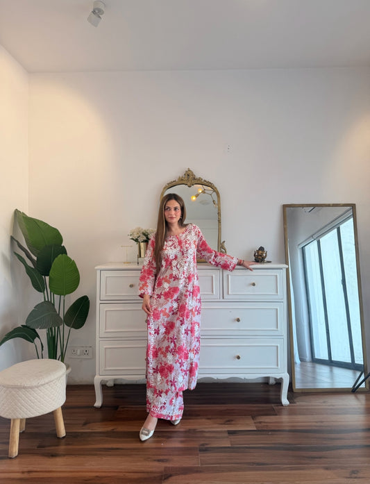 Pink Floral Chikankari Suit Set with Delicate Thread Embroidery