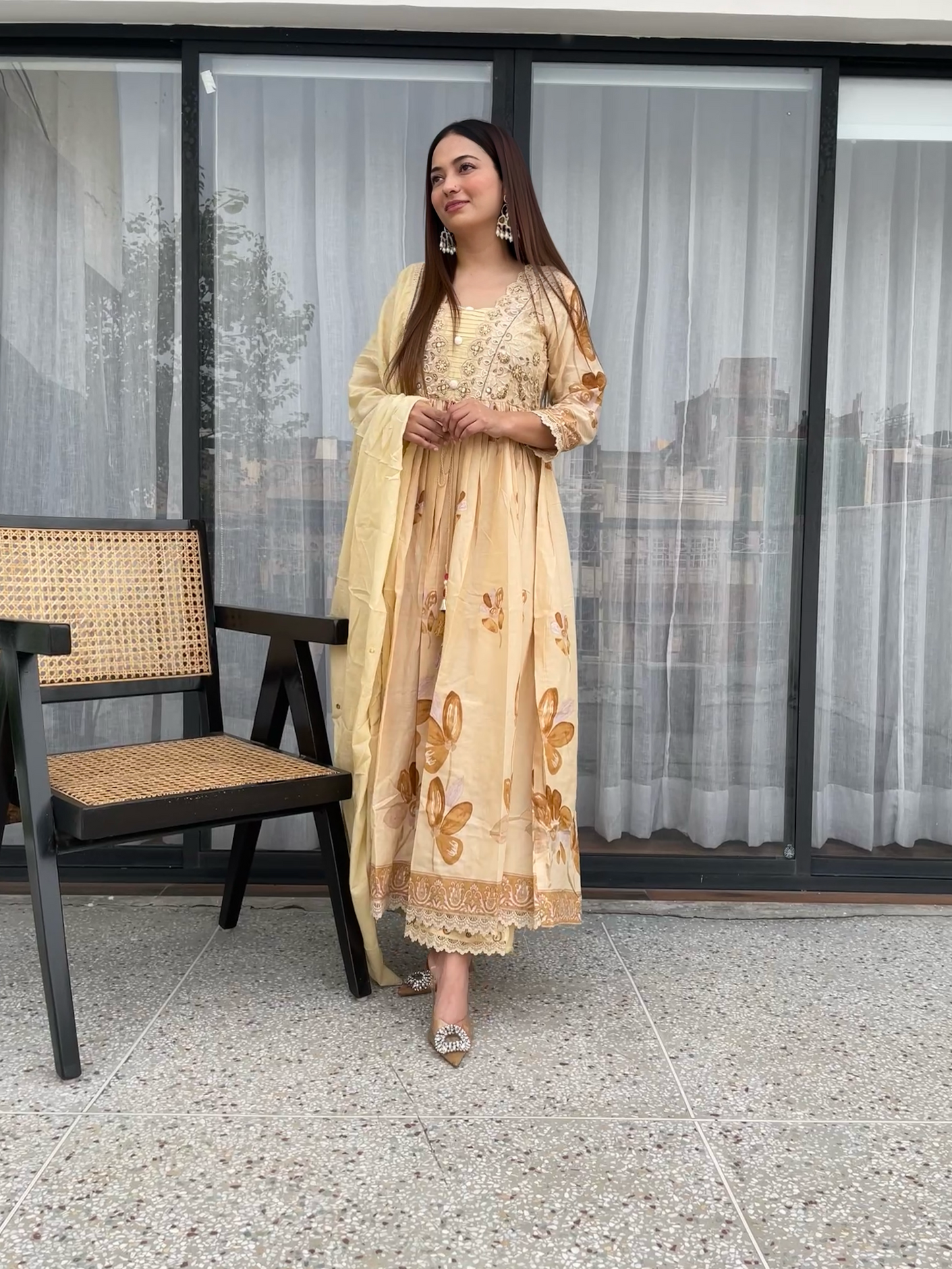 Golden Beige Floral Embroidered Frock Suit Set with Dupatta