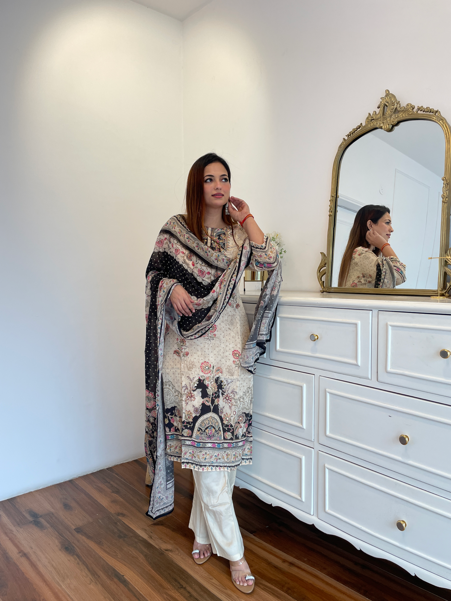 Cream Elegance Printed Embroidered Crap Suit Set