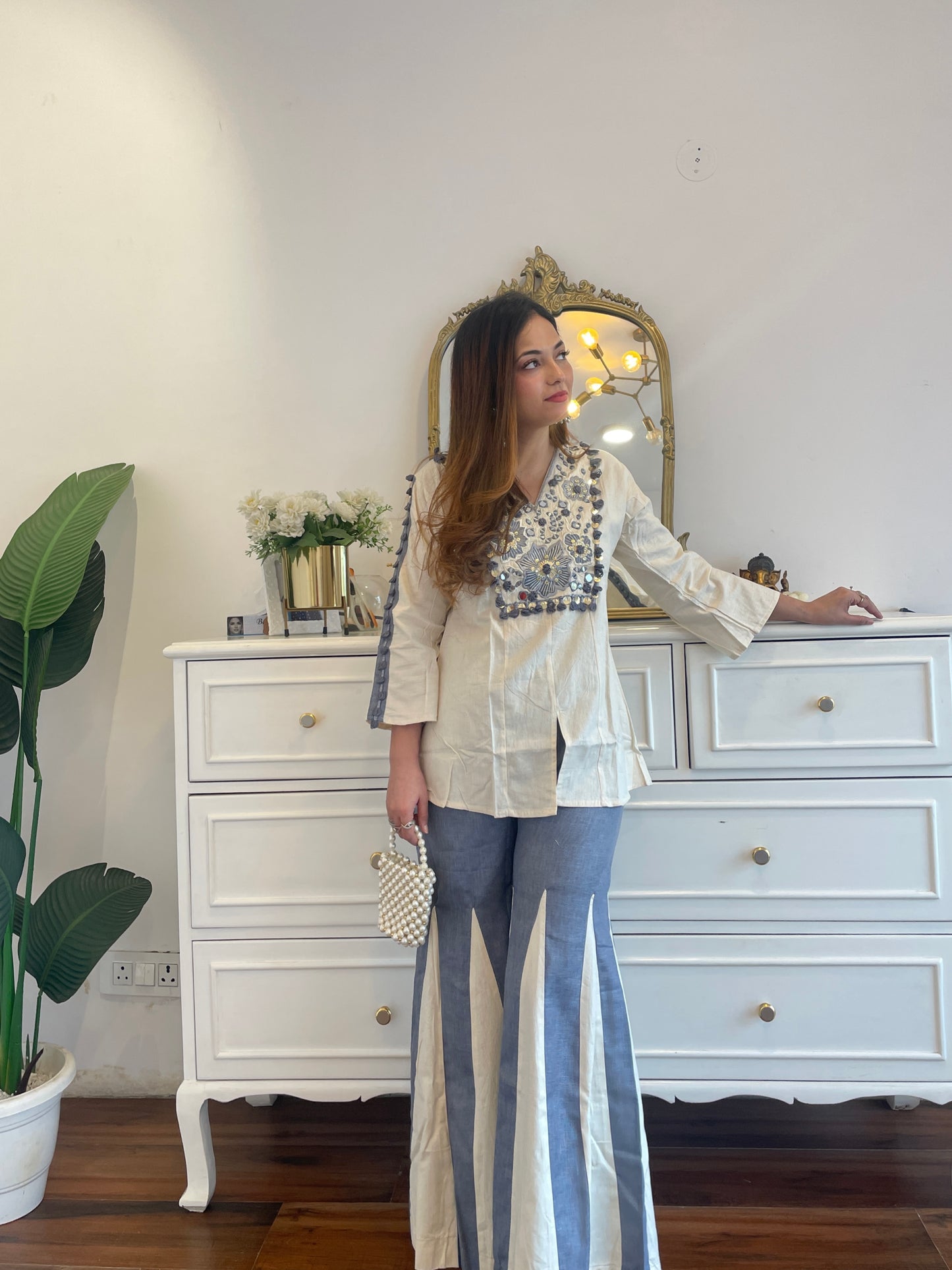 Ivory & Blue Embroidered co-ord Set with Statement Flared Pants