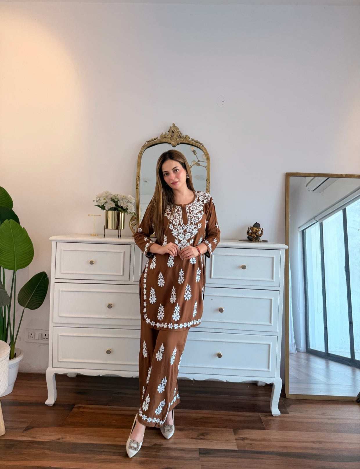 Brown Chikankari Embroidered Co-Ord Set
