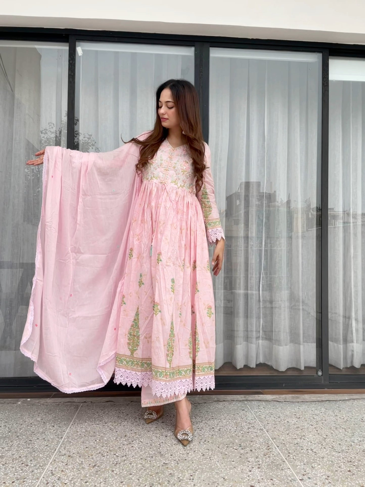 Blush Pink Floral Embroidered Anarkali Set
