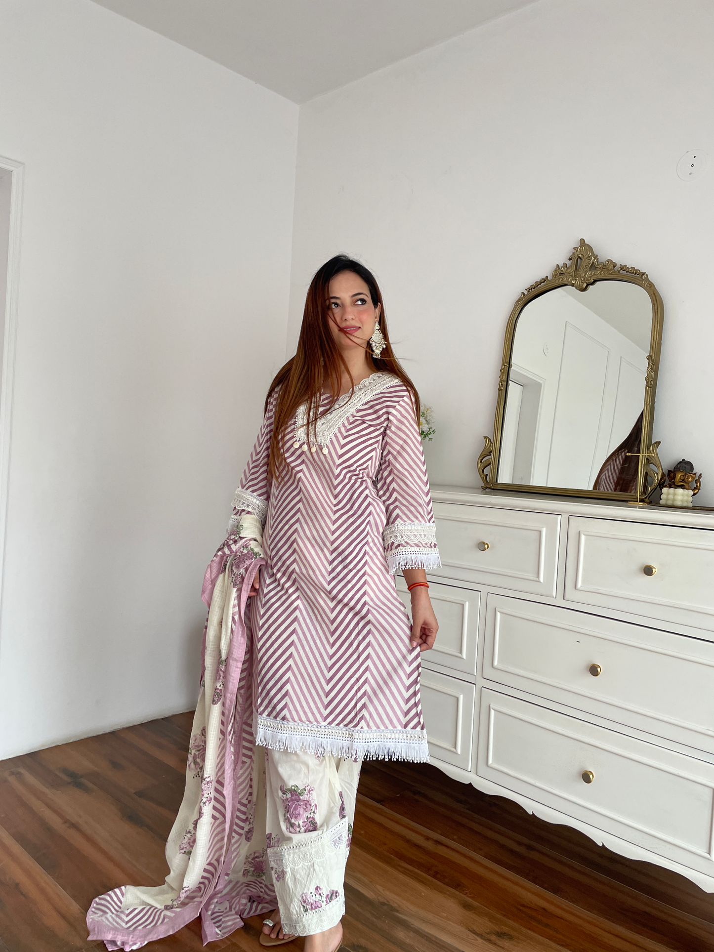 Purple Chevron Floral Embroidered Suit Set