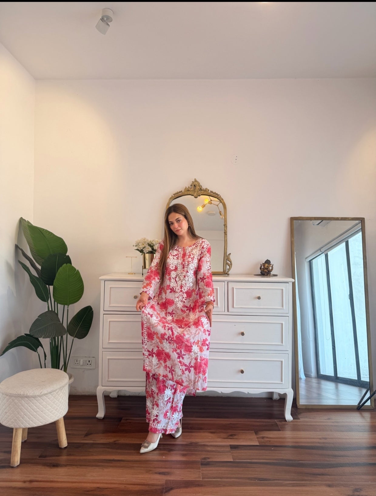 Pink Floral Chikankari Suit Set with Delicate Thread Embroidery