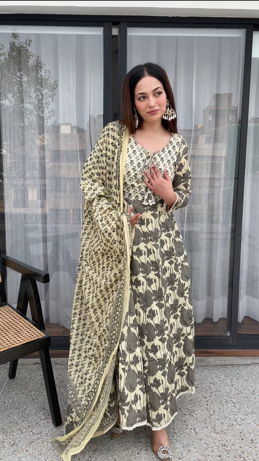 Elegant Beige Floral Printed Cotton Anarkali Suit Set