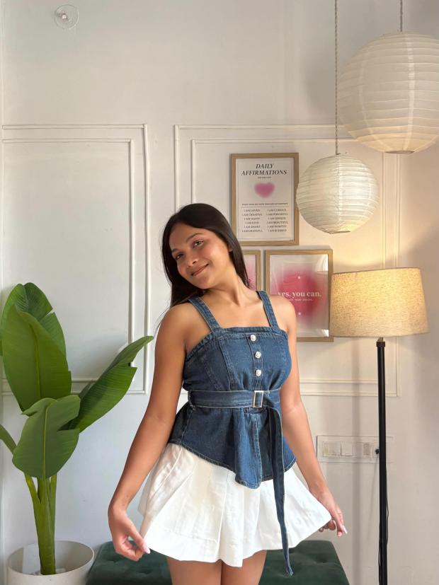 Dark Blue Denim Corset Top with Buckle Belt
