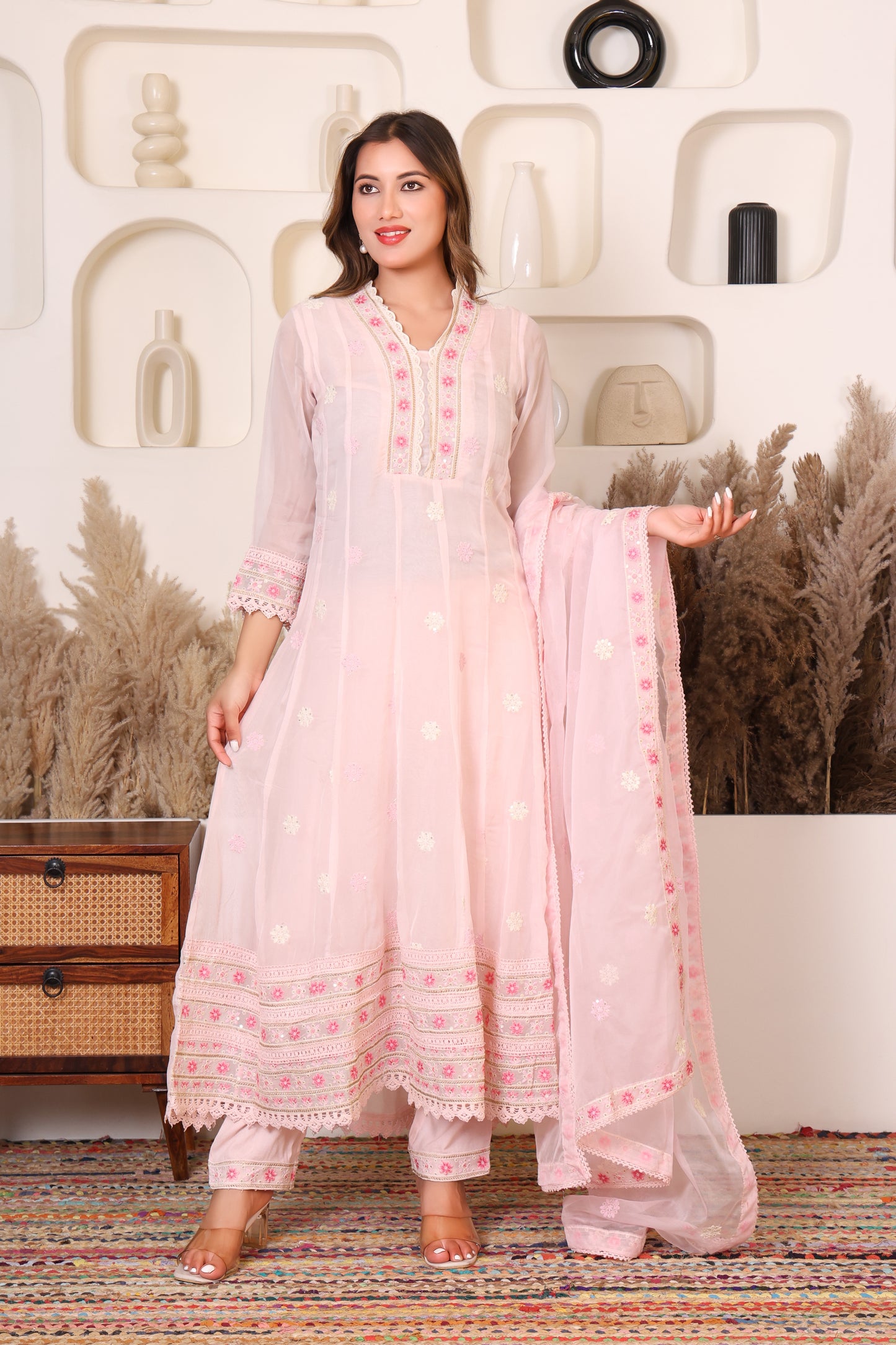 Ivory pink embroidered anarkali suit set with dupatta