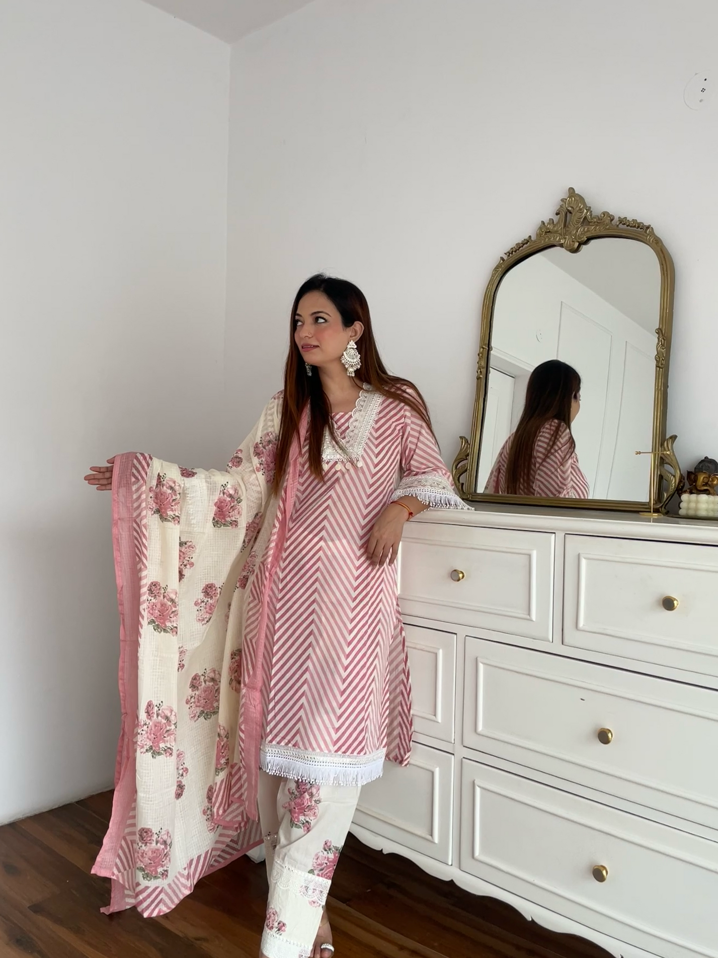 Pink Chevron Floral Embroidered Suit Set