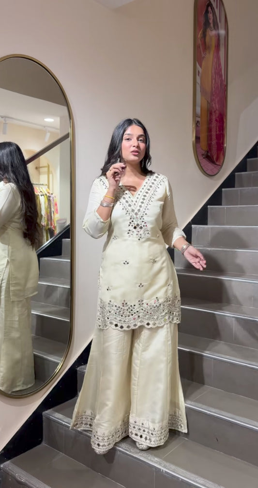 Ivory Mirror Embellished Kurta Sharara Set with Sequin Work