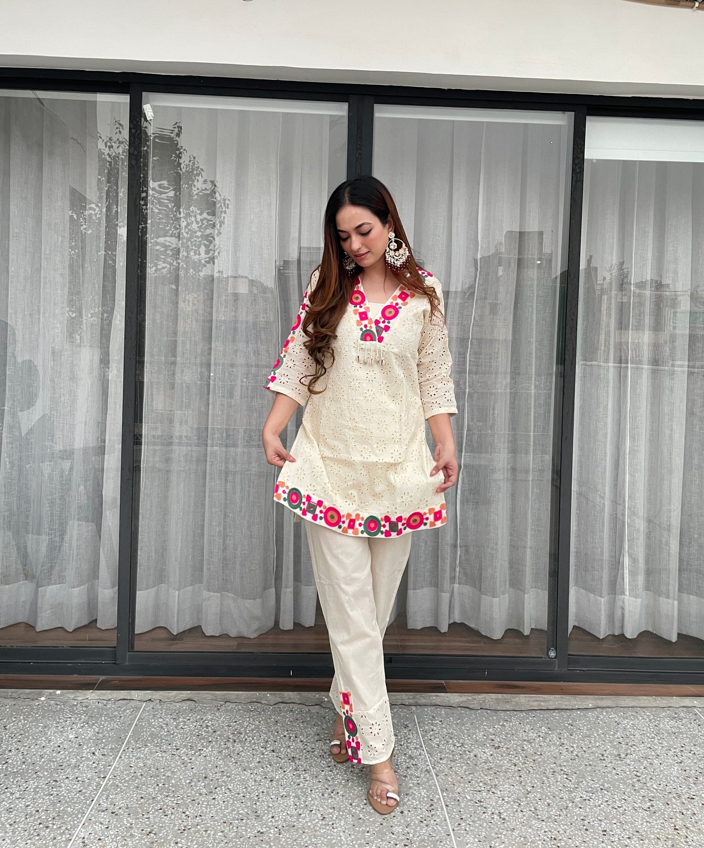 Cream Cotton Embroidered Co-ord Set with Multicolor Detailing