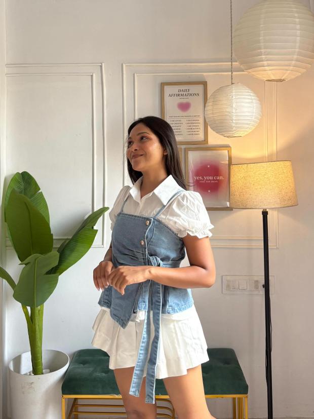 Light Blue Denim Corset Wrap Top with Waist Tie Belt