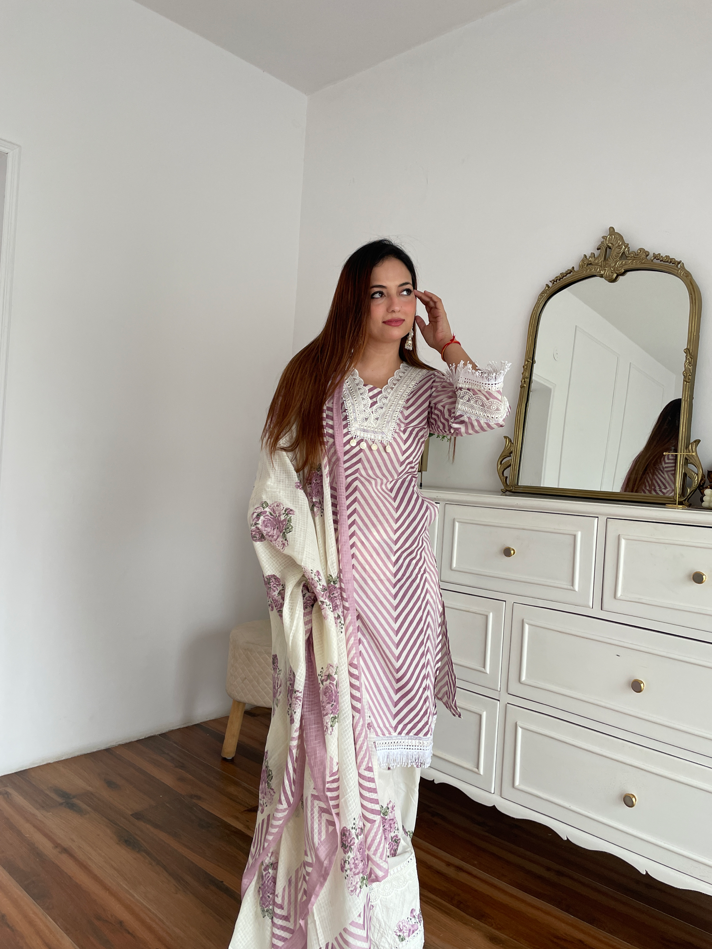 Purple Chevron Floral Embroidered Suit Set