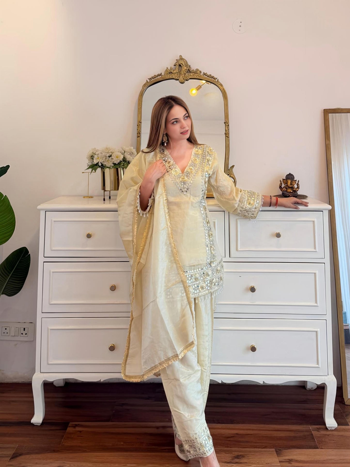 Ivory Mirror & Sequin Embellished Suit Set with Dupatta ✨