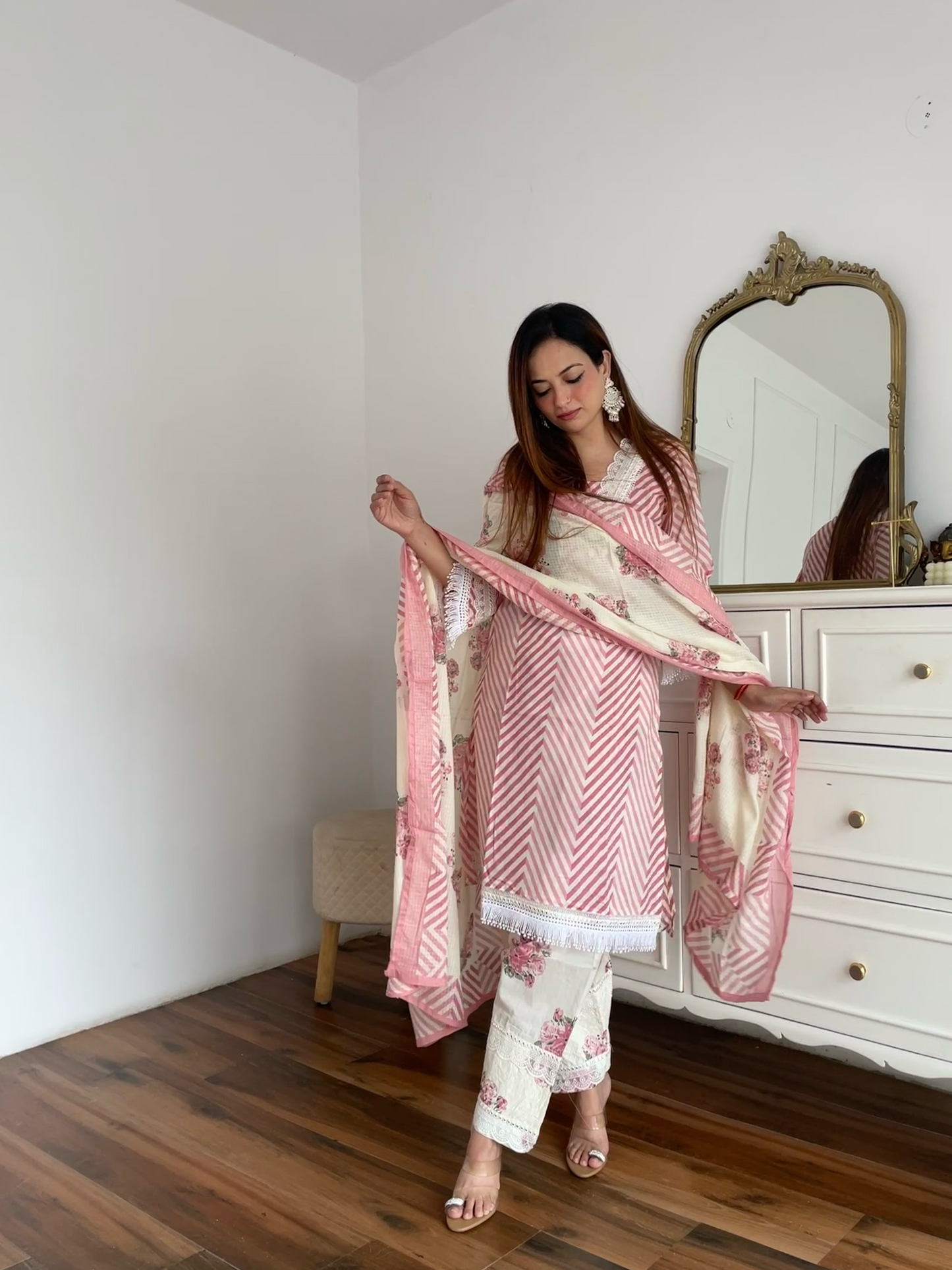 Pink Chevron Floral Embroidered Suit Set