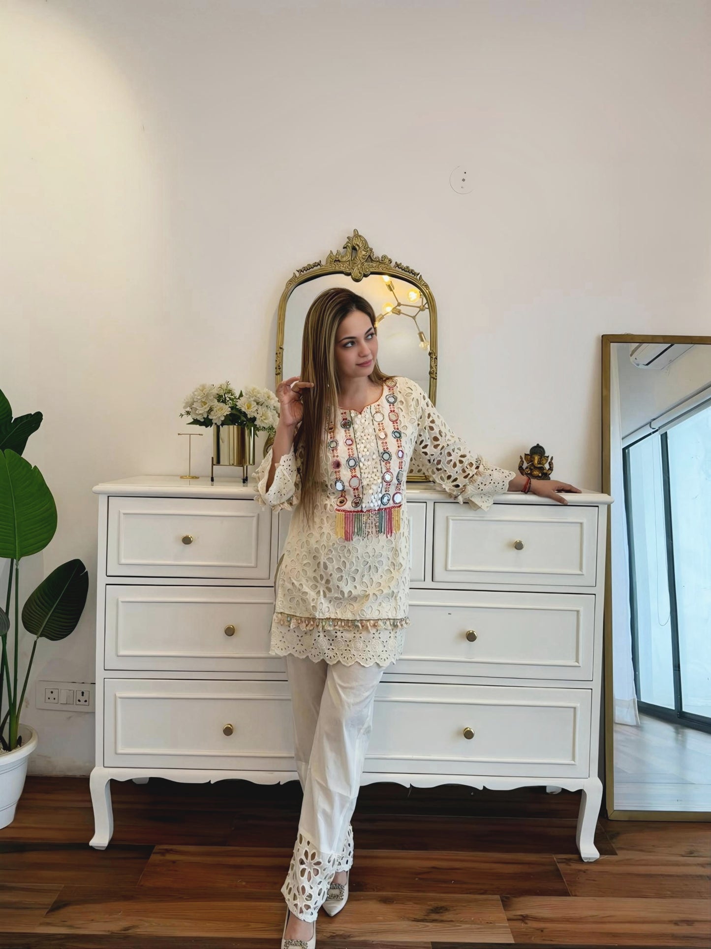 Ivory Cutwork Embroidered Co-Ord Set with Multicolour Neckline Detailing ✨