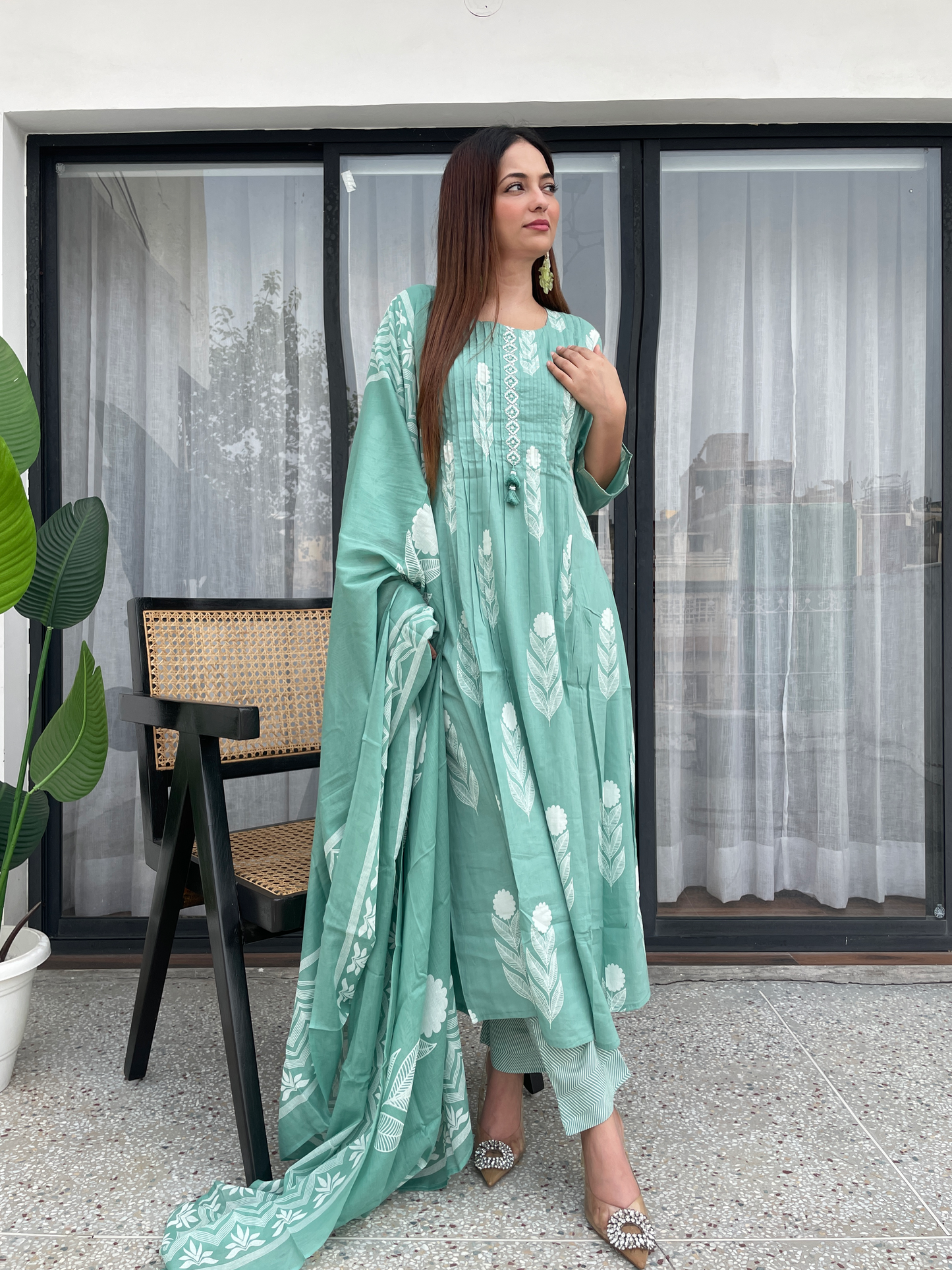 Pastel Mint Green Printed Kurta Set with Pants & Dupatta