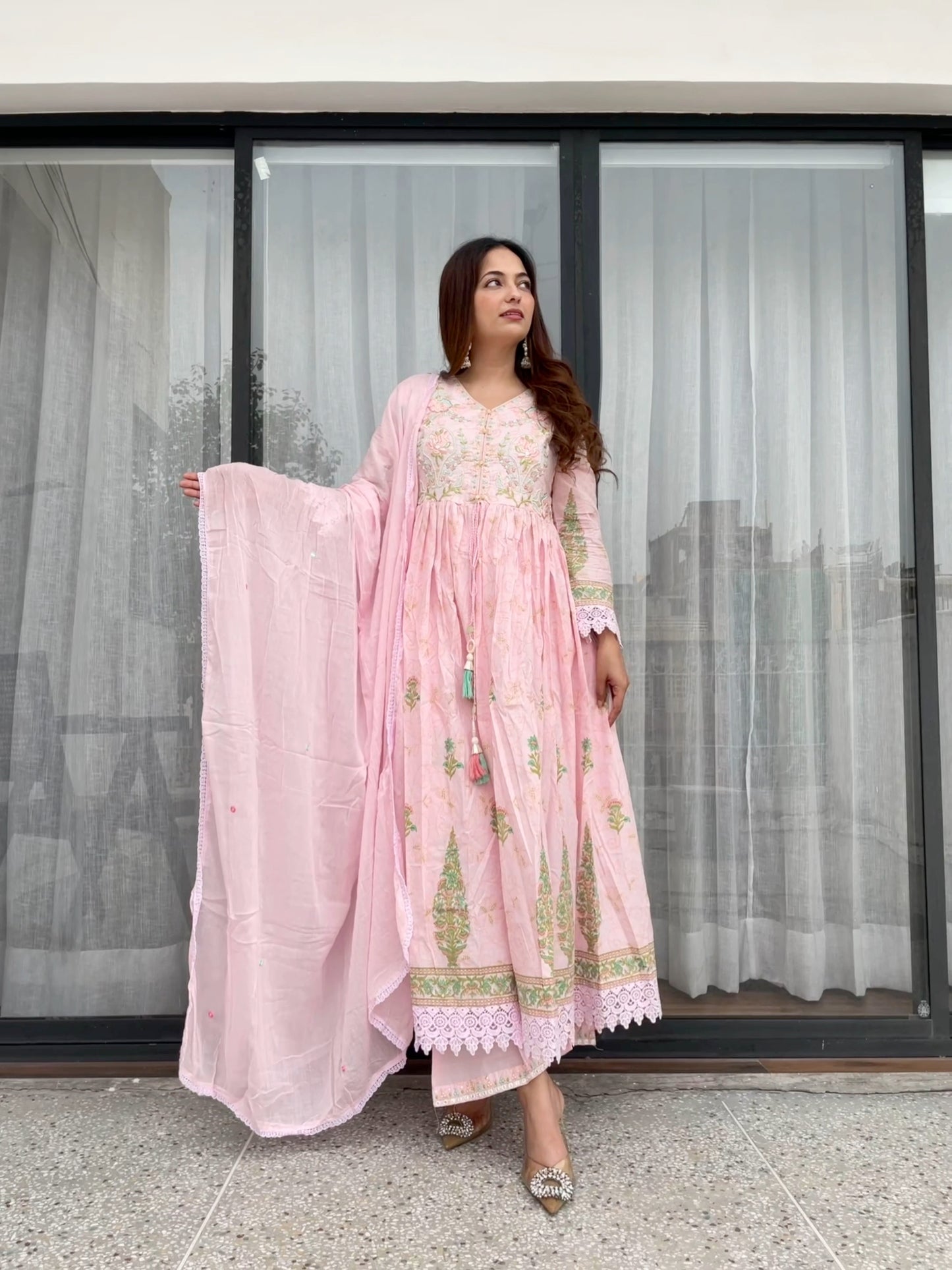 Blush Pink Floral Embroidered Anarkali Set