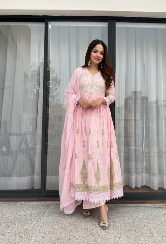 Blush Pink Floral Embroidered Anarkali Set