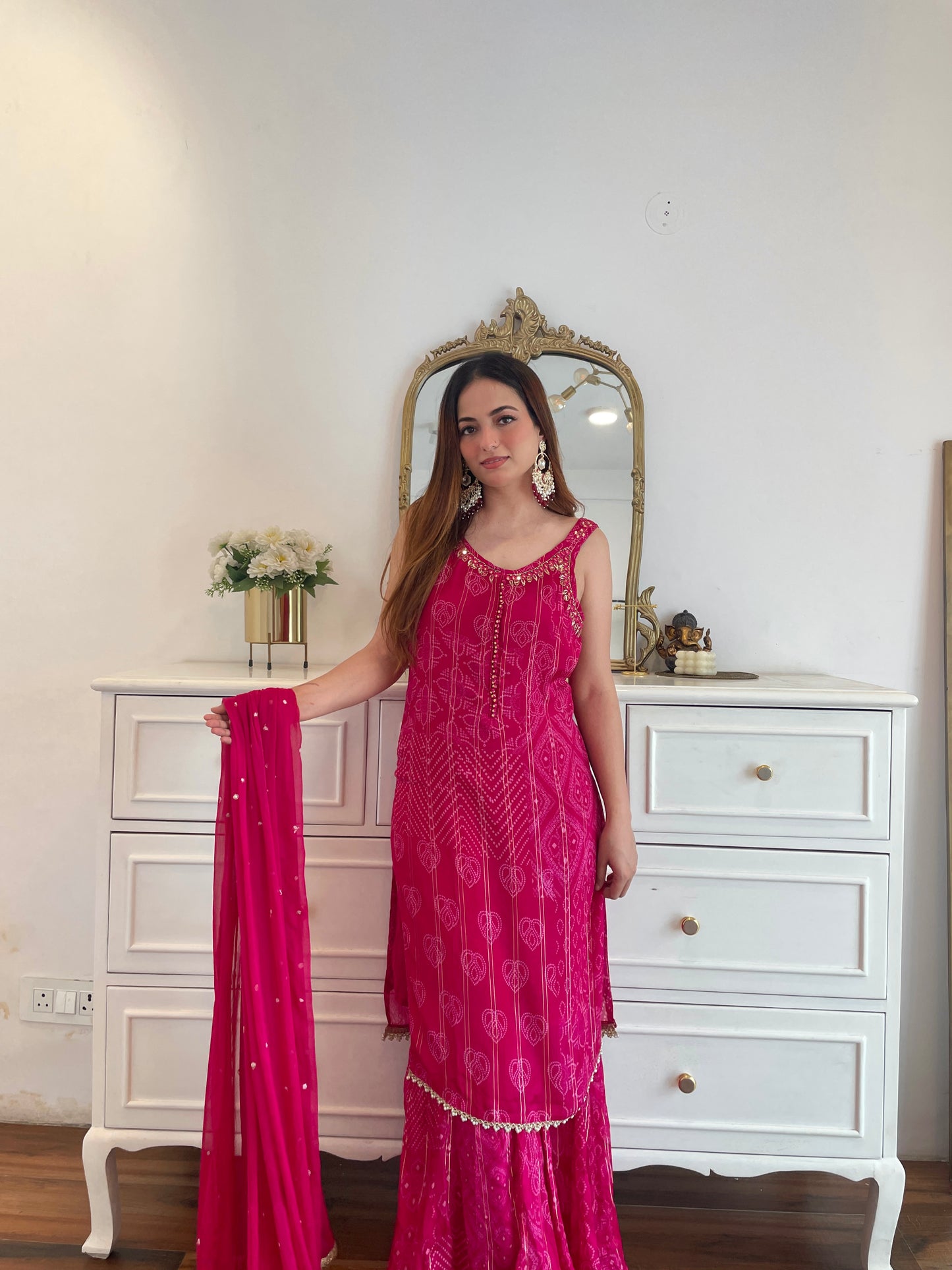 Rani Pink Bandhej Embroidered Sharara Set