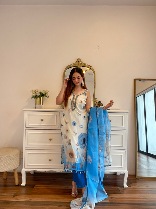Blue Floral Printed Suit Set with Mirror Work & Organza Dupatta