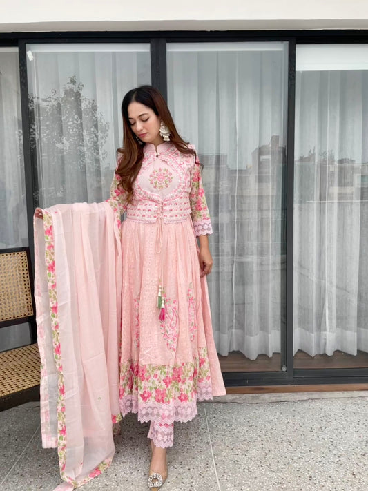 Blush Pink Embroidered Anarkali Suit Set with Dupatta