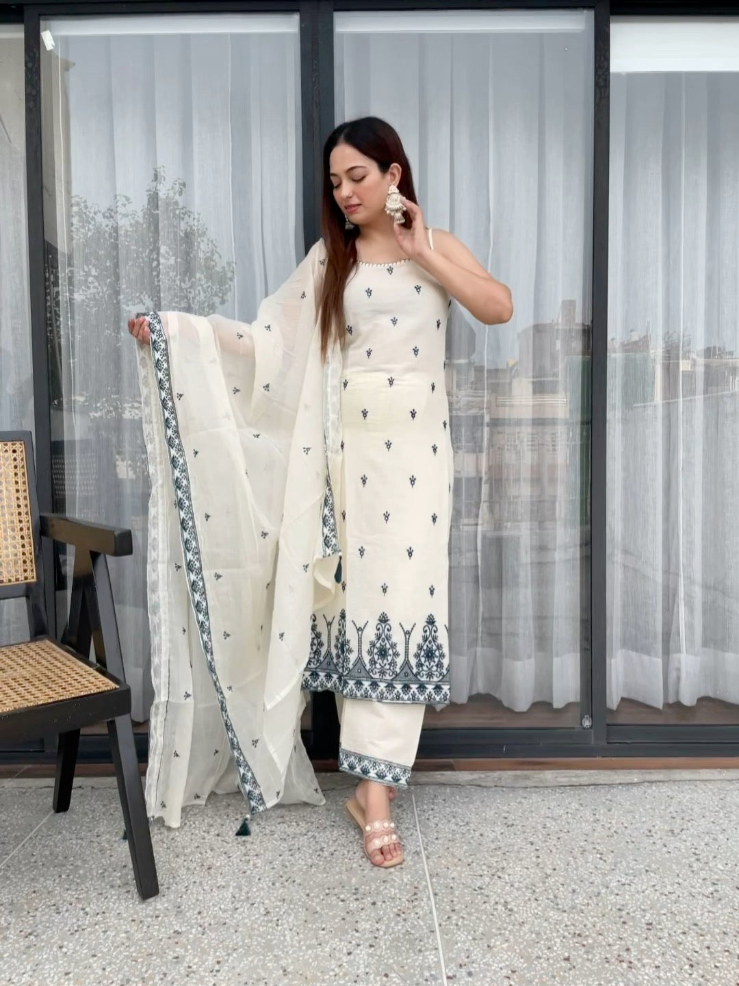 Elegant Ivory White With Blue  Embroidered Kurta Pant Set