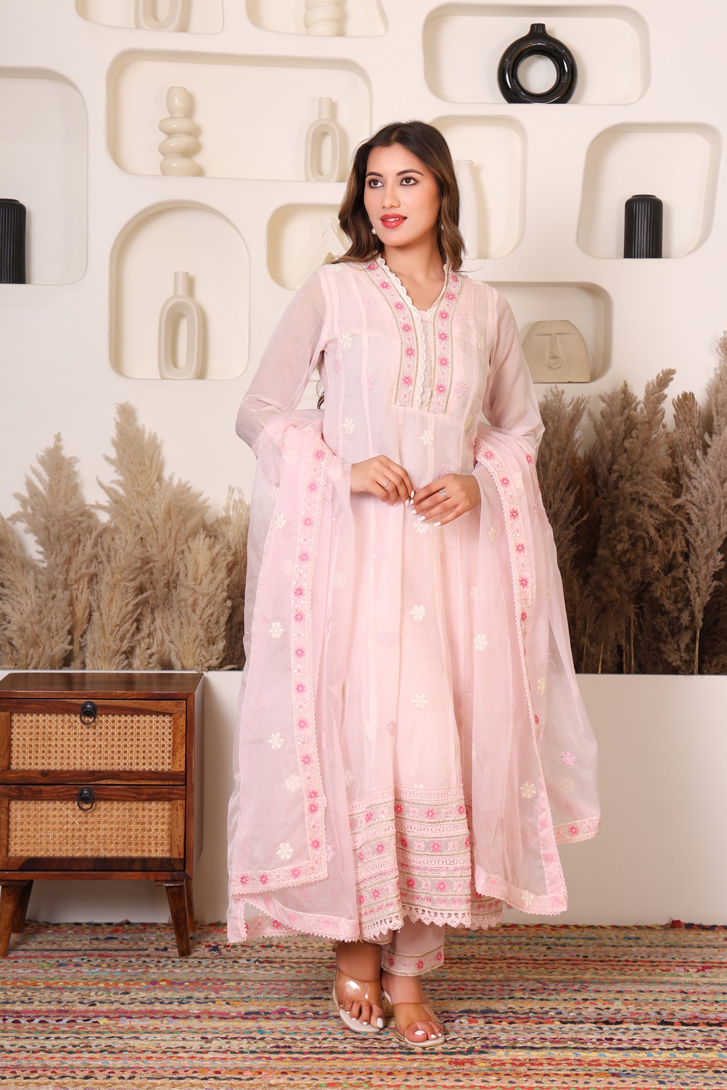 Ivory pink embroidered anarkali suit set with dupatta