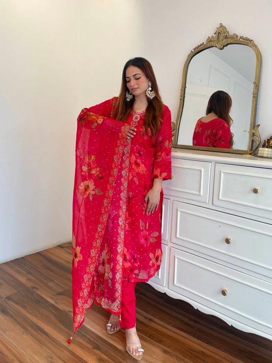 Hot Pink Floral Embroidered Suit Set with Printed Dupatta