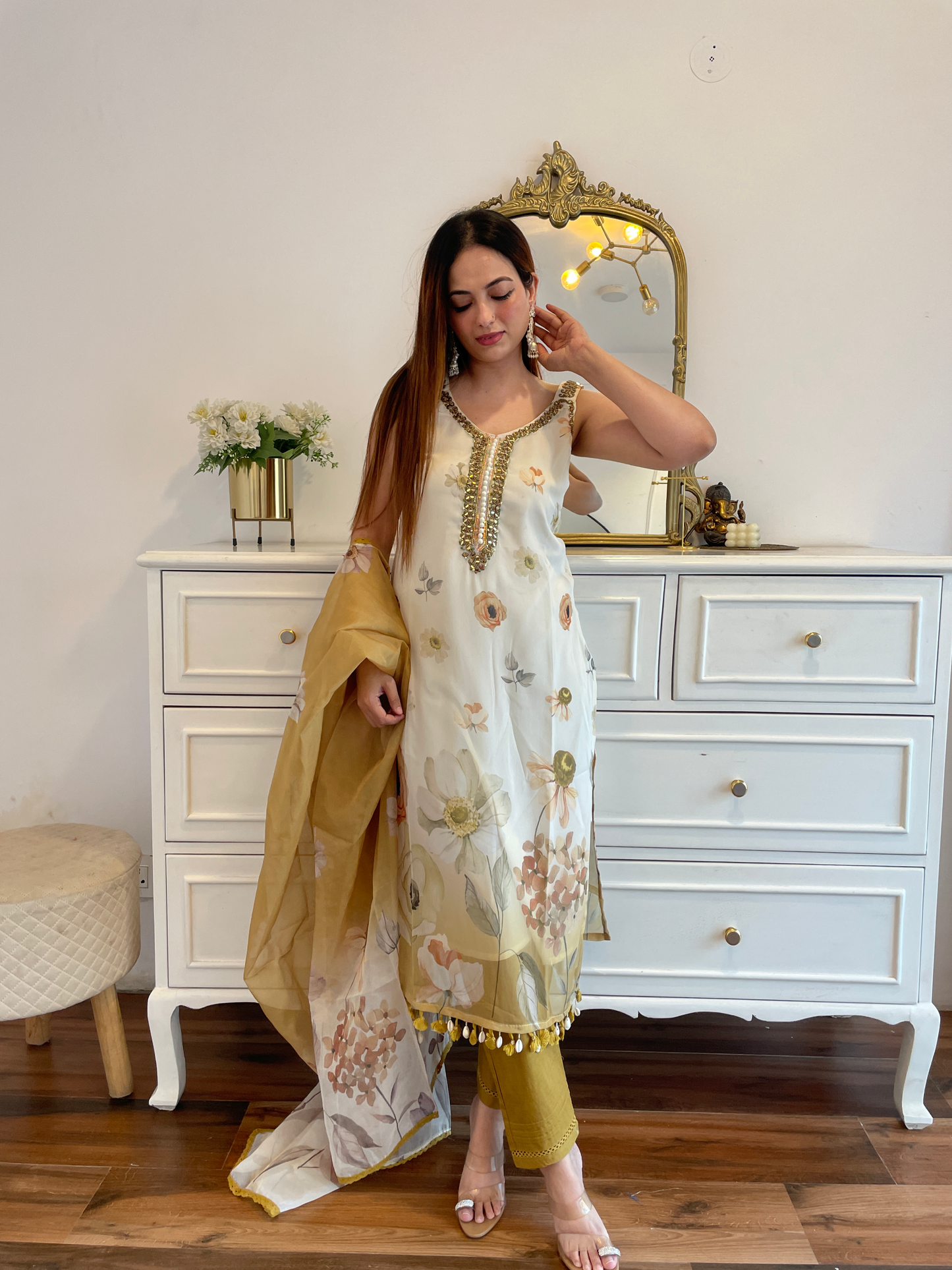 Mustard Floral Printed Suit Set with Mirror Work & Organza Dupatta