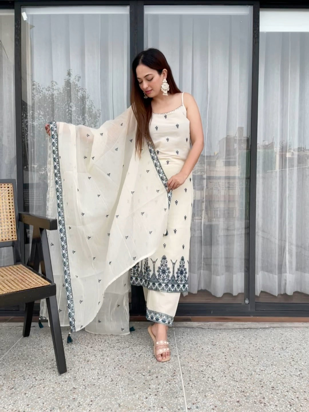 Elegant Ivory White With Blue  Embroidered Kurta Pant Set