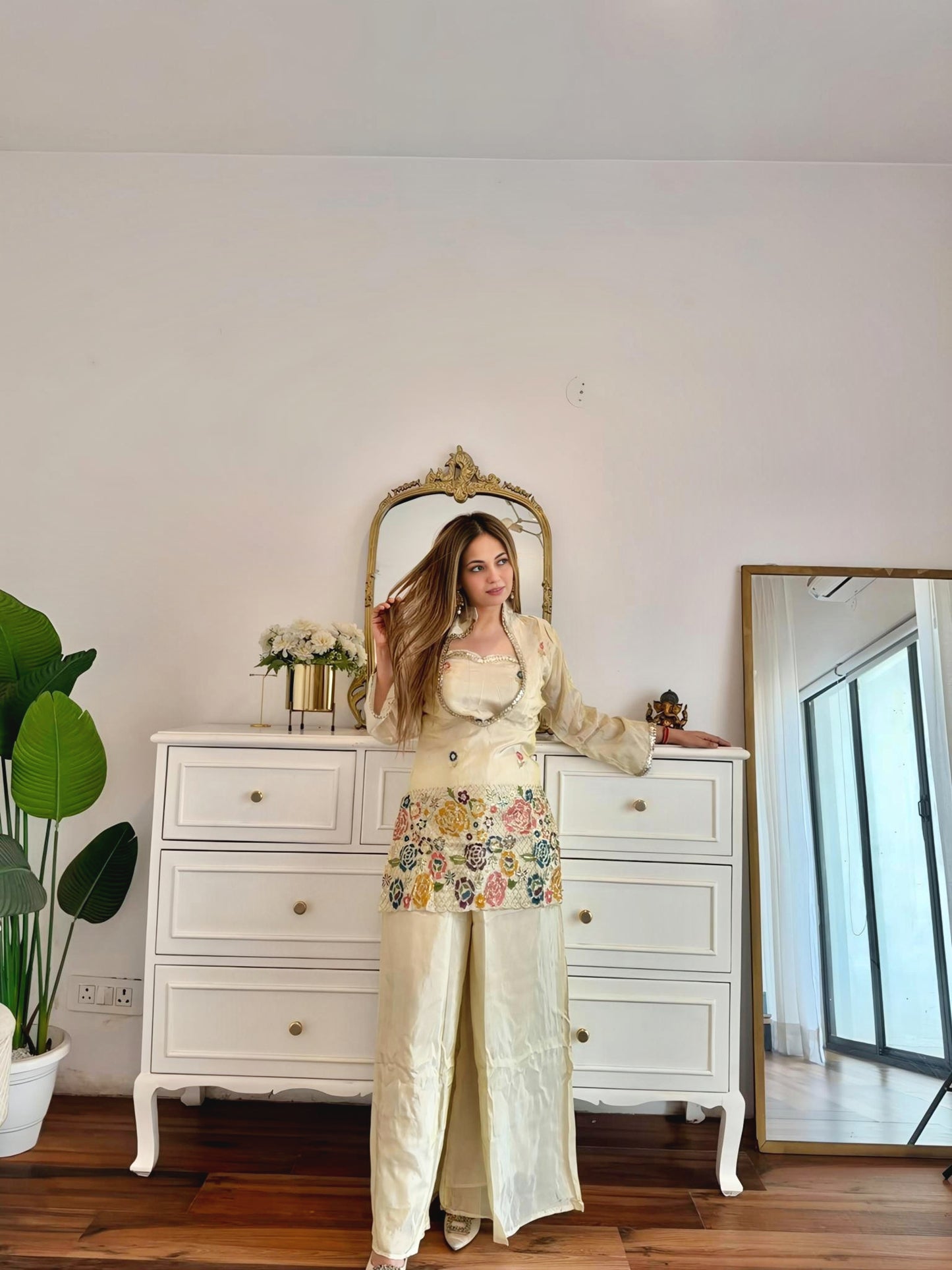 Ivory Floral Embroidered Co-Ord Set with Multicolour Threadwork