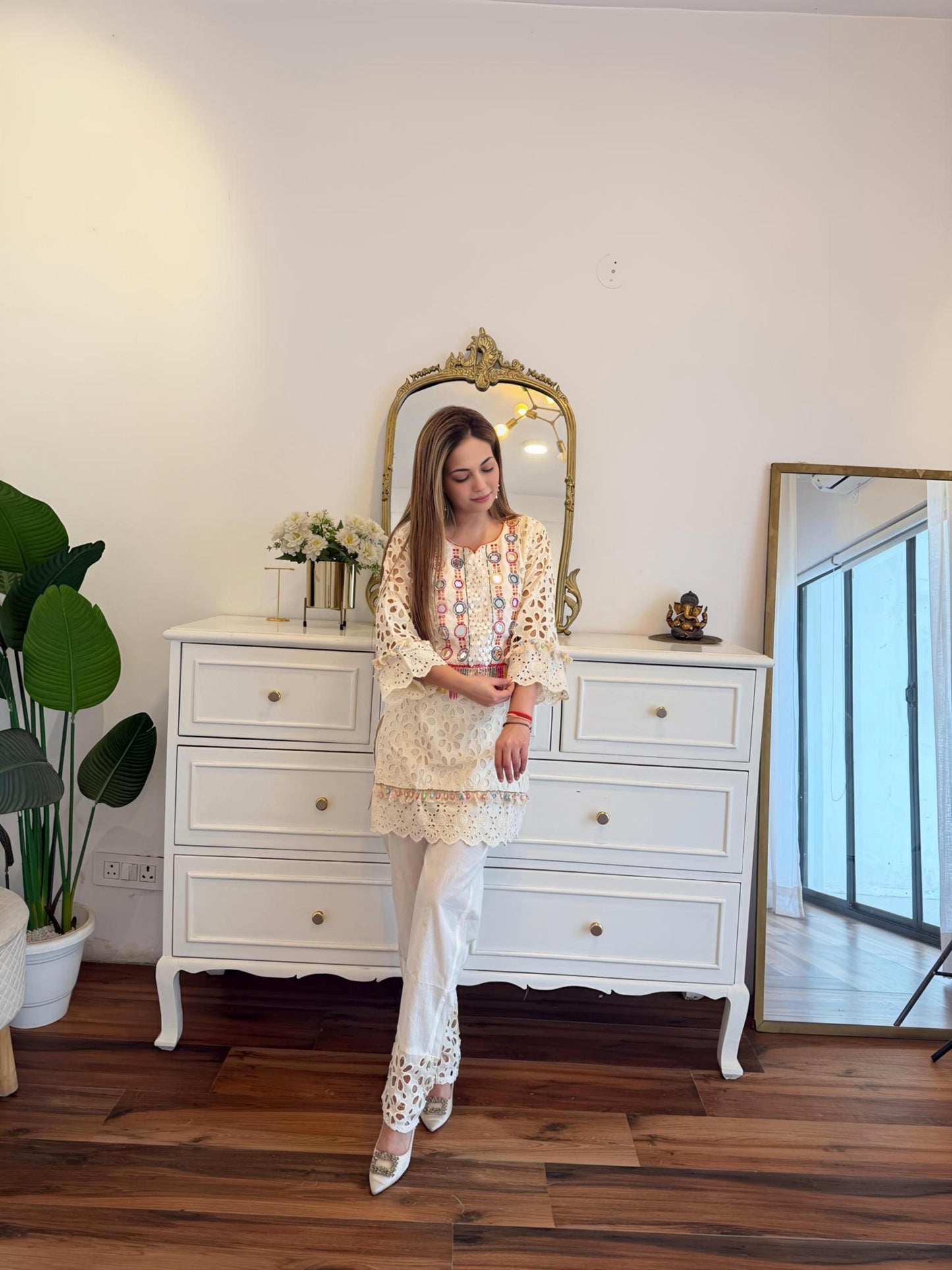 Ivory Cutwork Embroidered Co-Ord Set with Multicolour Neckline Detailing ✨